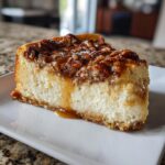 A slice of gooey butter pecan cake on a white plate, showing a thick cheesecake-like texture and pecan topping.
