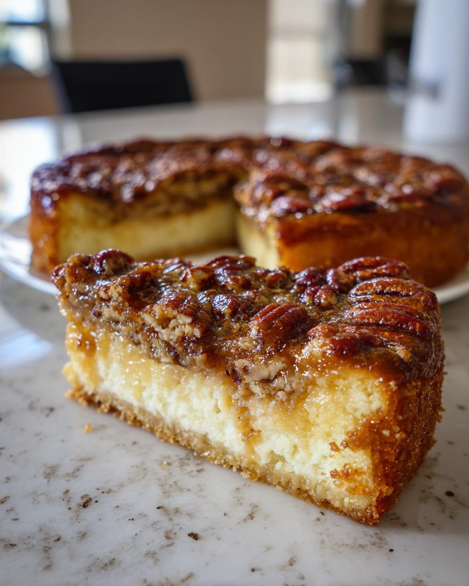 A close-up of a slice of gooey butter pecan cake, showing the rich, creamy filling and pecan topping.