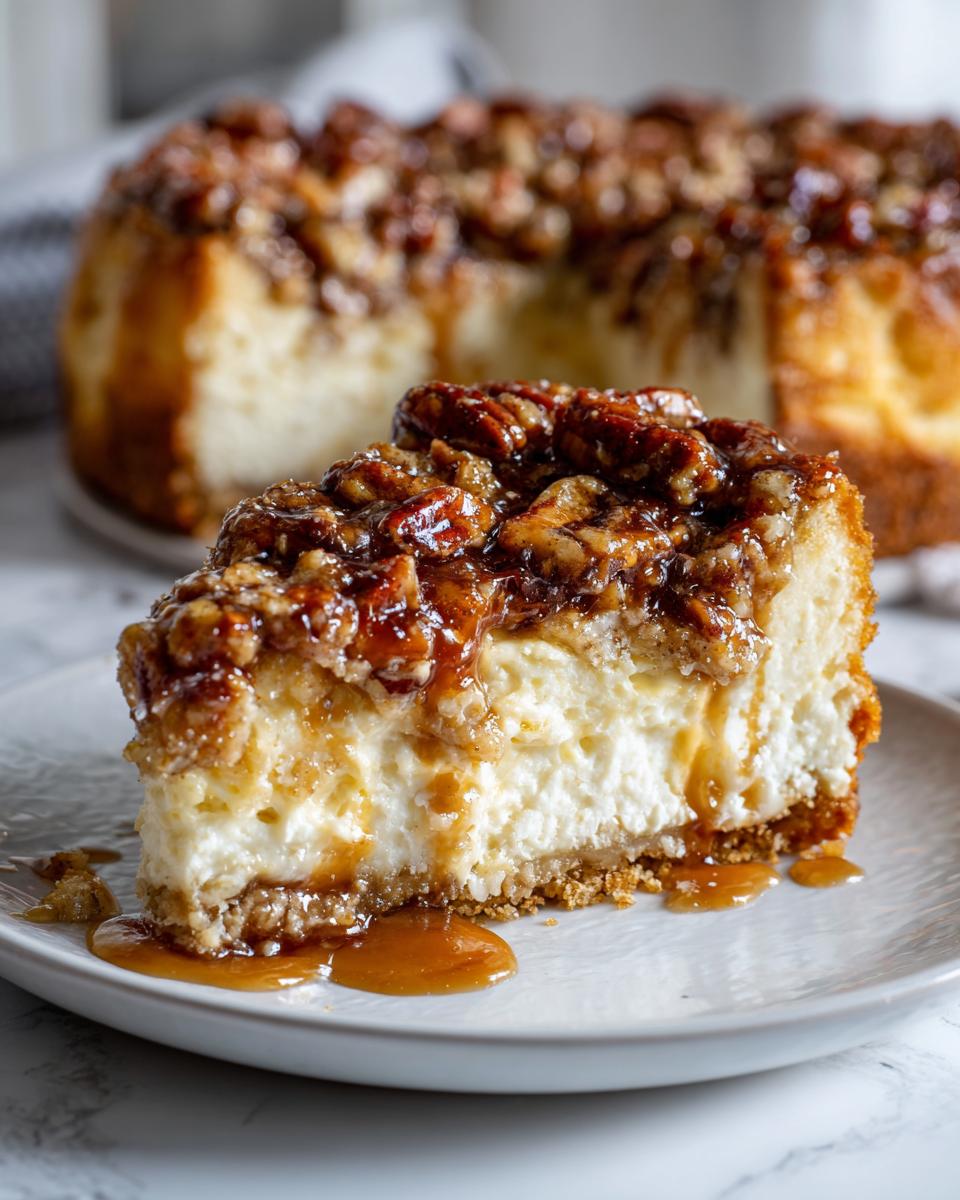 A slice of gooey butter pecan cake topped with caramel and pecans, with caramel drizzling onto the plate.