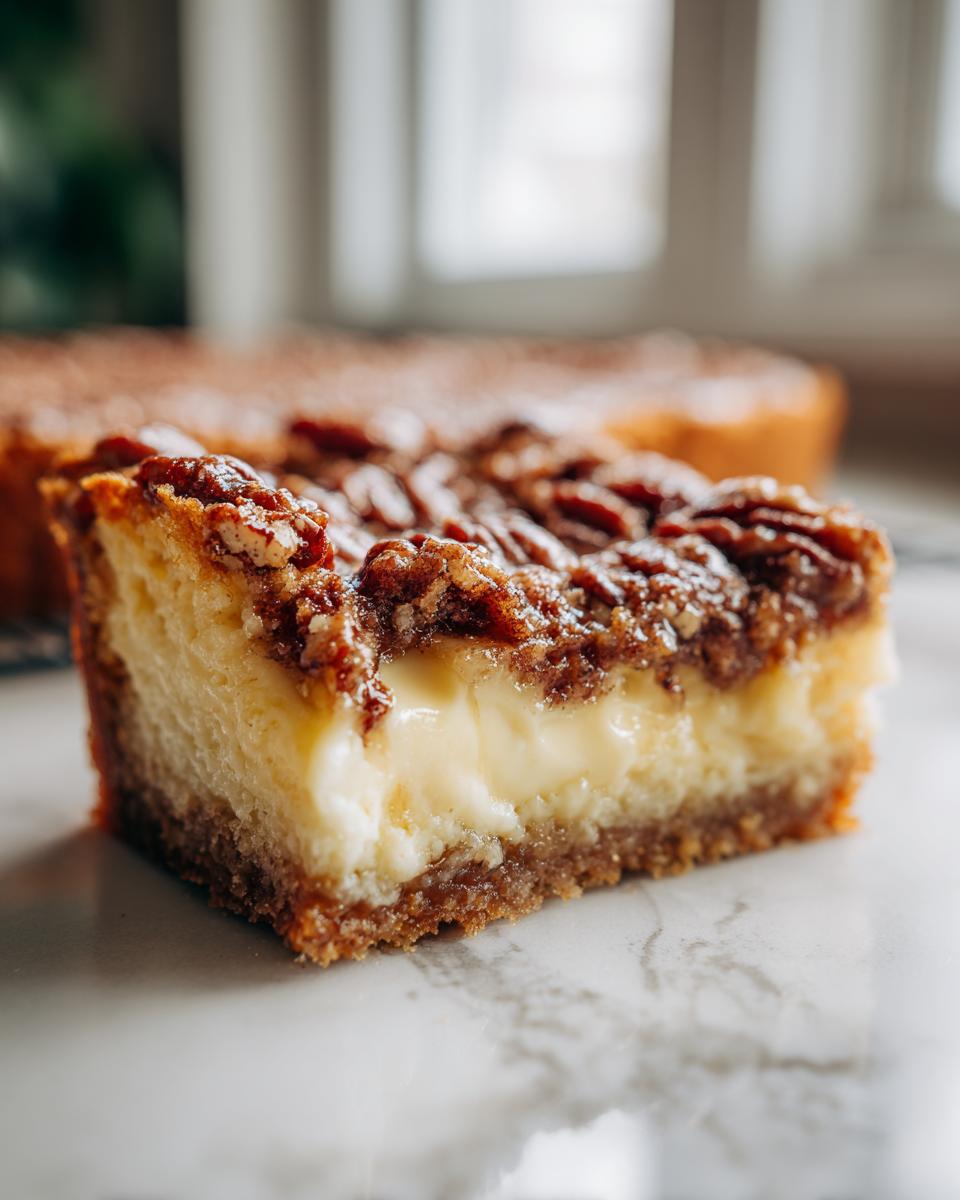 A slice of gooey butter pecan cake with a creamy center and pecan topping on a marble surface.