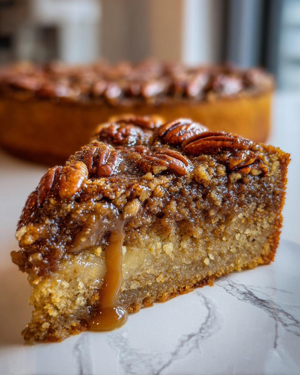A slice of delicious gooey butter pecan cake with a caramel drizzle and whole pecans on top.