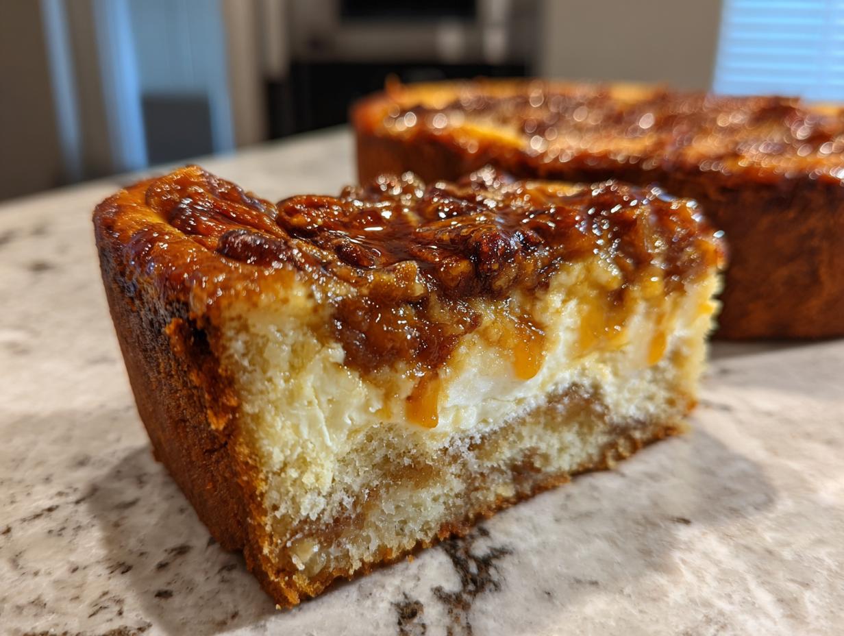 A slice of gooey butter pecan cake showing the creamy filling, pecan topping, and cake base.