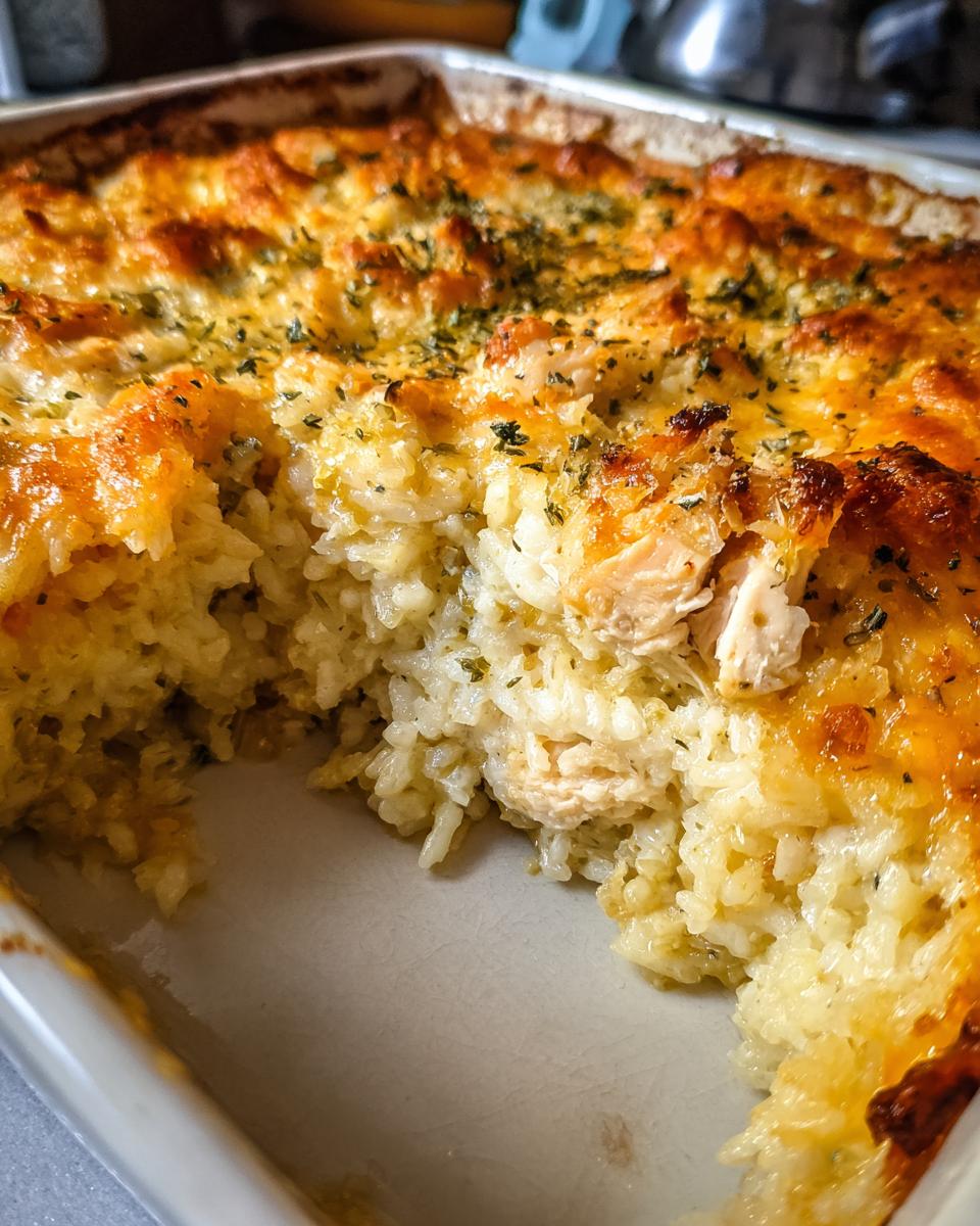 Close-up of a baked green chile chicken and rice casserole with melted cheese and herbs.