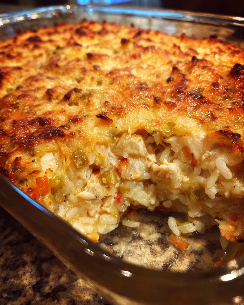 Close-up of a golden-brown baked green chile chicken and rice casserole in a glass dish, showing chunks of chicken and rice.