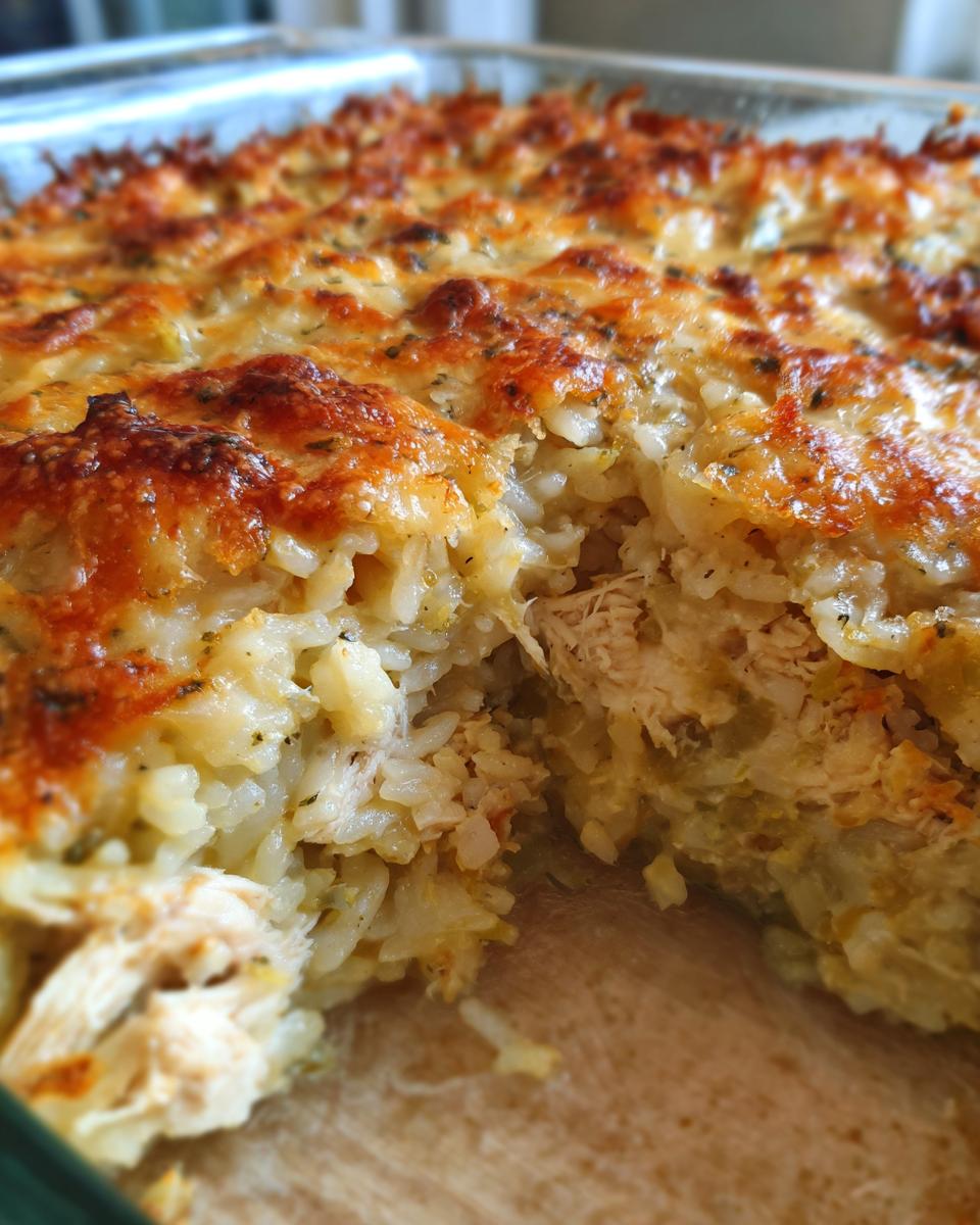 Close-up of a bubbly, cheesy green chile chicken and rice casserole with a golden-brown crust.