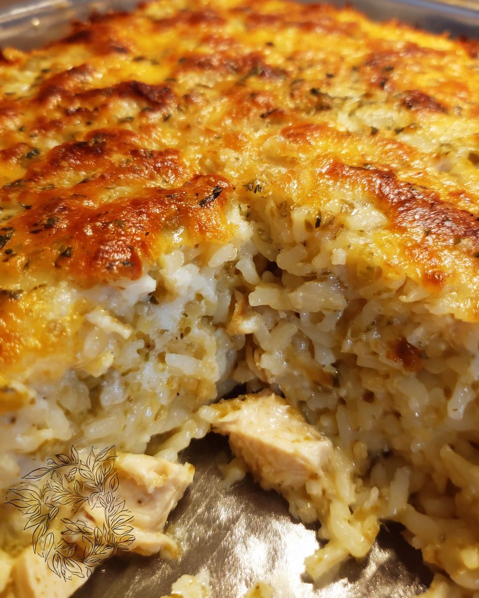 Close-up of a serving spoon scooping into a bubbly green chile chicken and rice casserole with melted cheese.