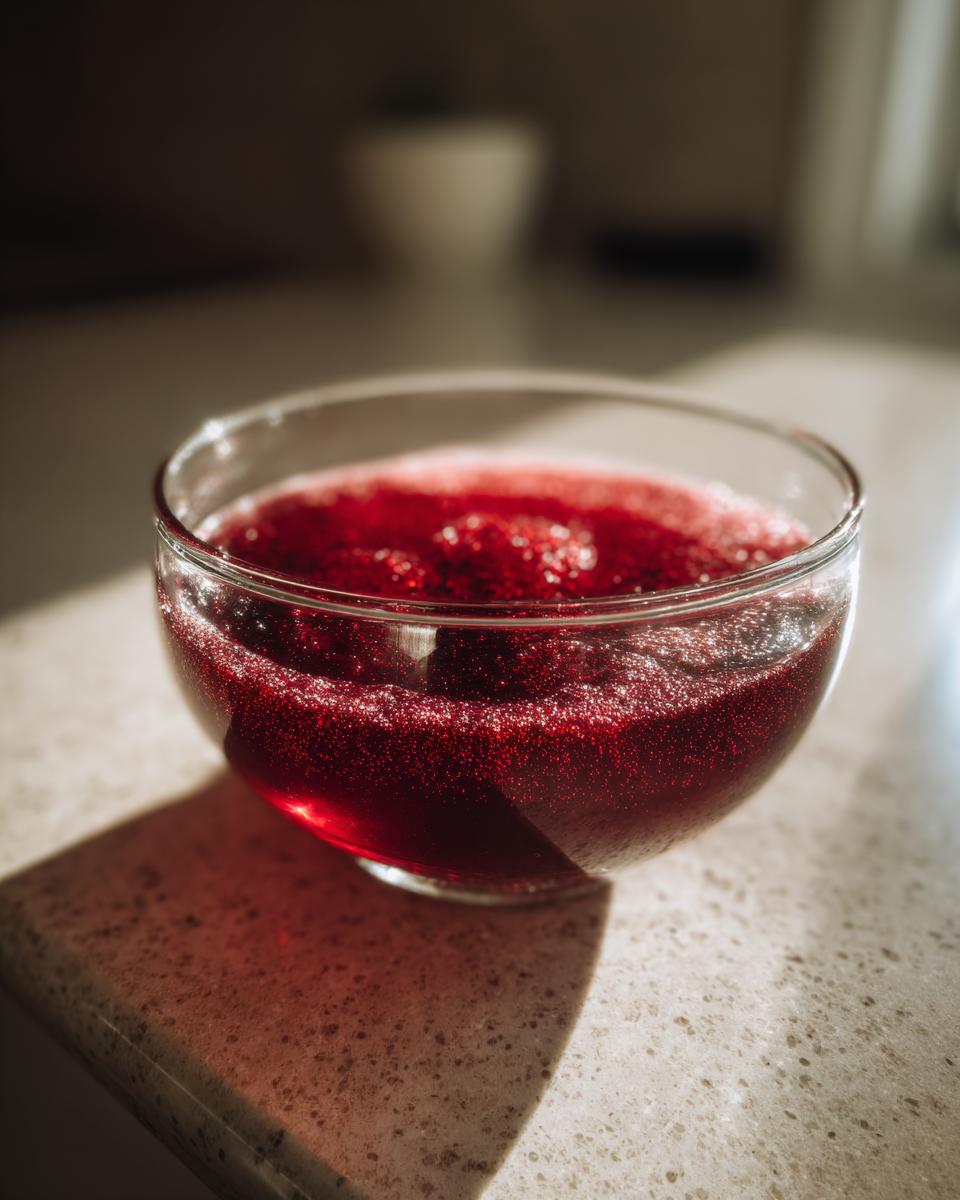 A close-up of a clear glass bowl filled with bubbling, deep red Halloween poison apple punch.