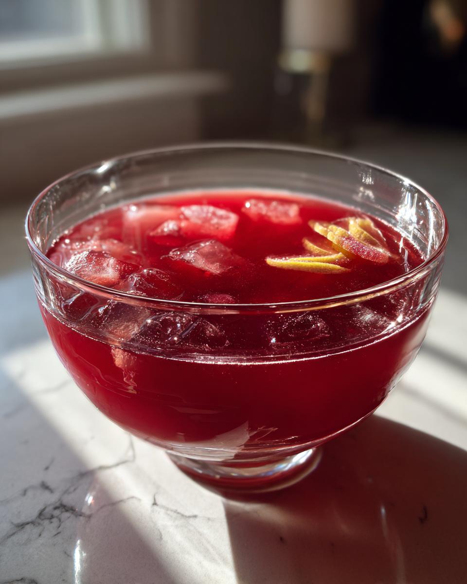 A clear glass punch bowl filled with vibrant red Halloween Poison Apple Punch and ice, garnished with lemon slices.