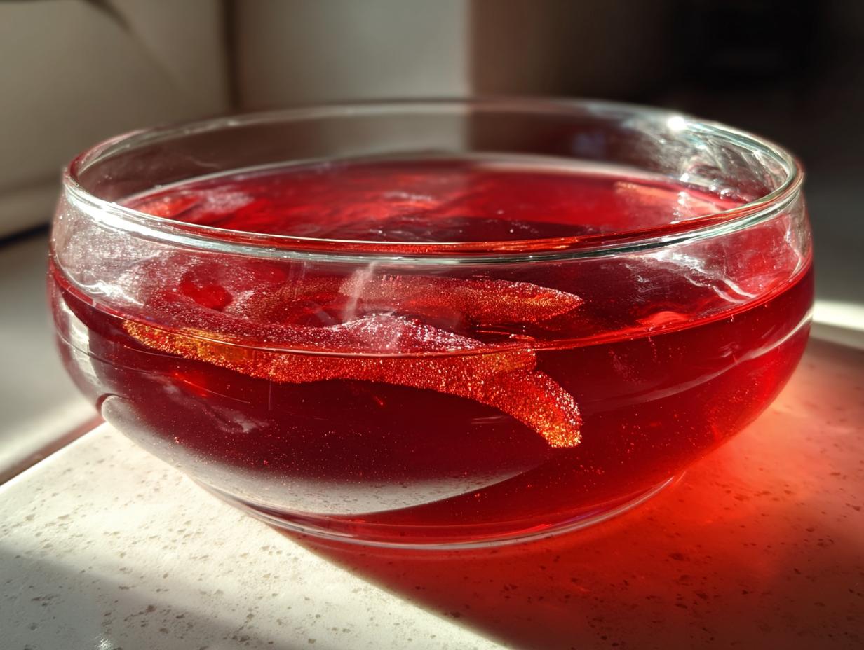 A close-up of a glass bowl filled with vibrant red Halloween poison apple punch, with apple slices visible.