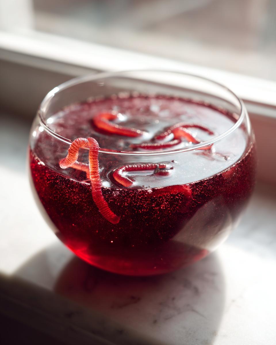 A glass of spooky Halloween poison apple punch with gummy worms floating in the dark red liquid.