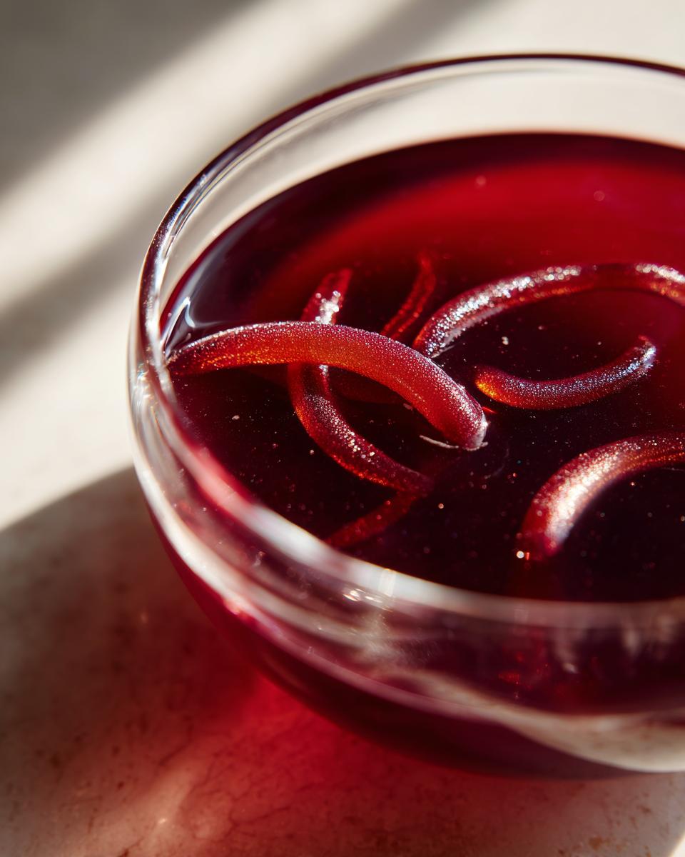 Close-up of a glass bowl filled with red Halloween poison apple punch, featuring gummy worms.