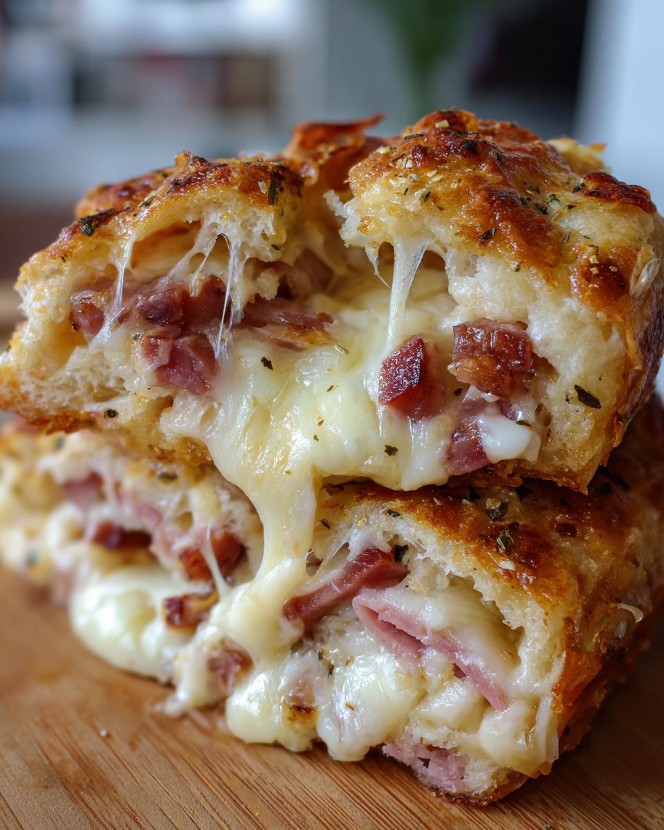 Close-up of two stacked ham and cheese sliders, oozing with melted cheese and savory ham.
