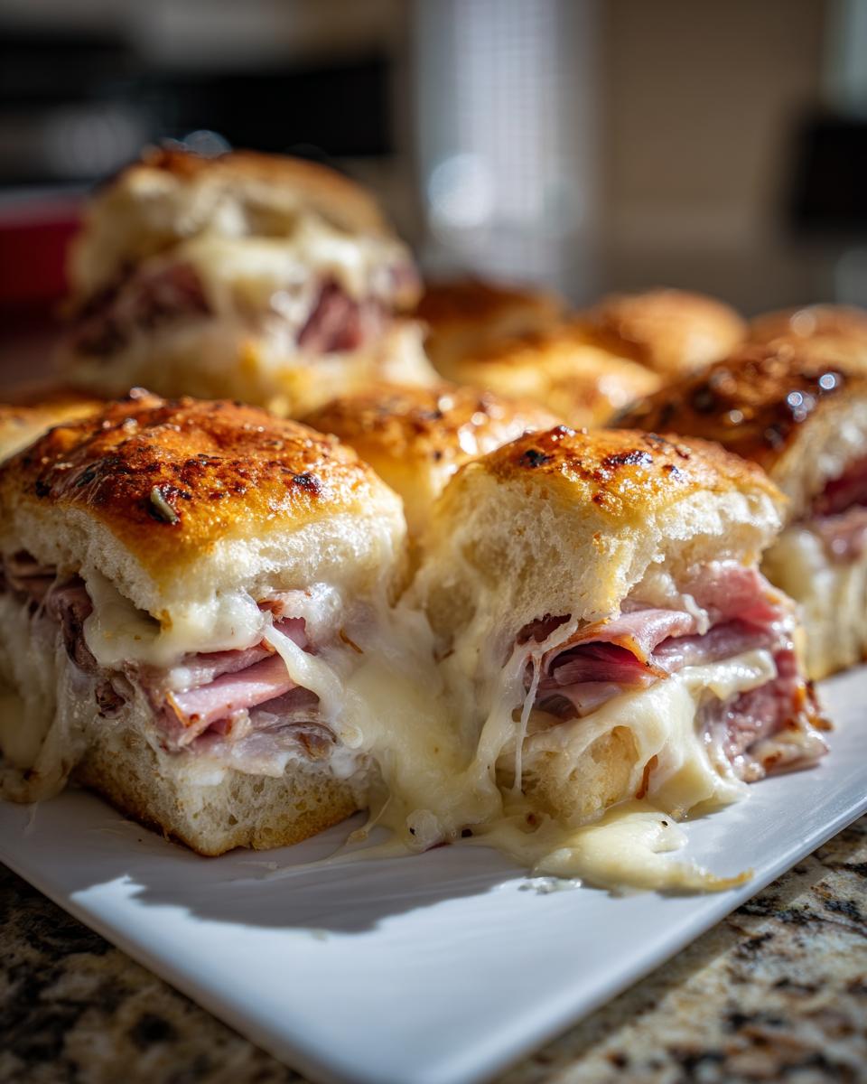 Close-up of delicious ham and cheese sliders with gooey melted cheese dripping down.