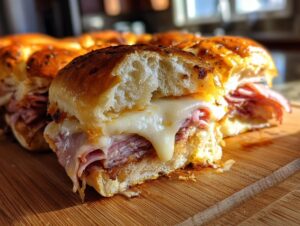 A close-up of a delicious ham and cheese slider with melted cheese oozing out.
