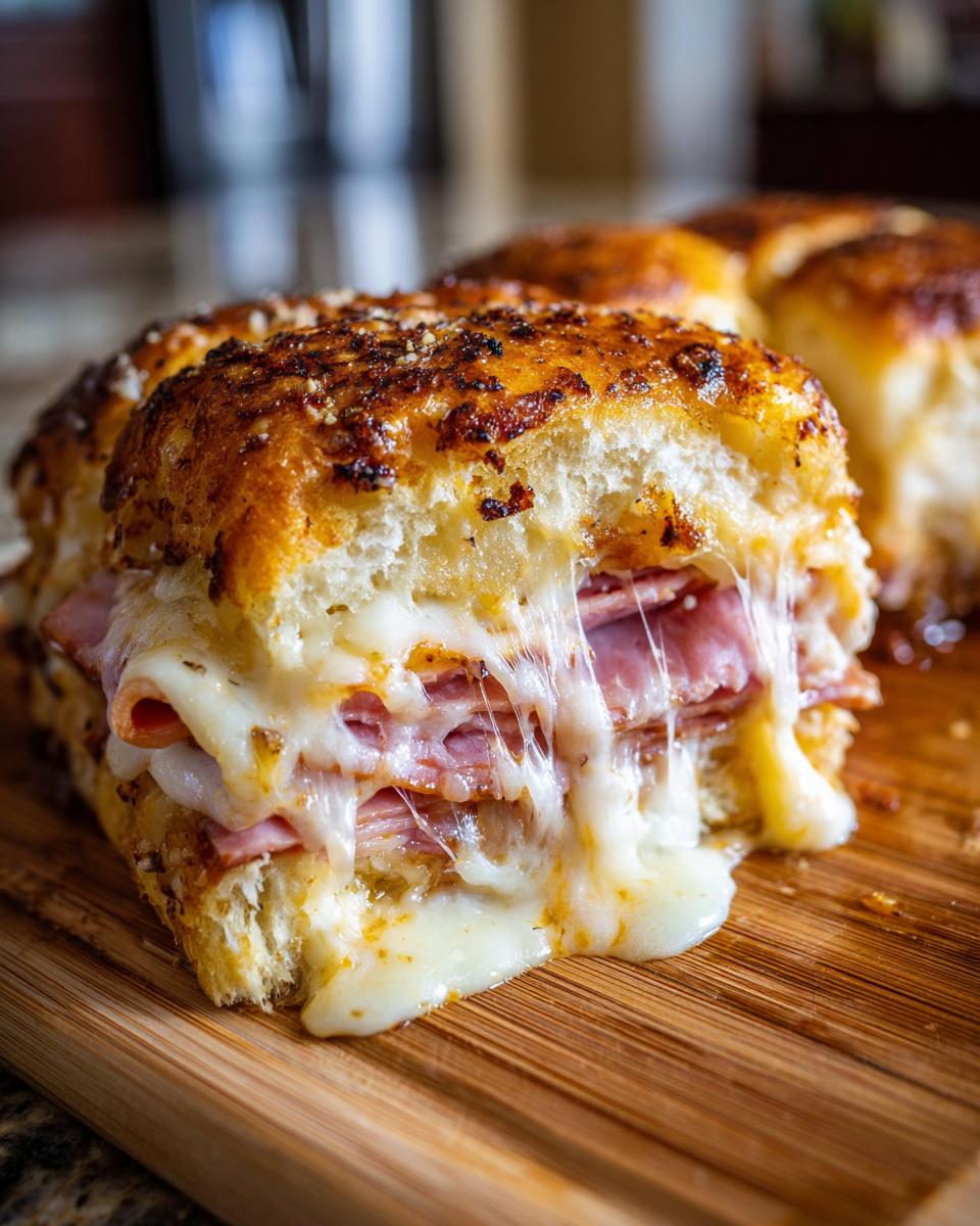 Close-up of gooey melted cheese dripping from a delicious Ham and Cheese Slider.