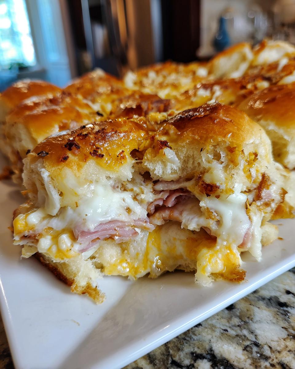 Close-up of gooey melted cheese and ham in a golden-brown slider bun, part of a batch of Ham and Cheese Sliders.