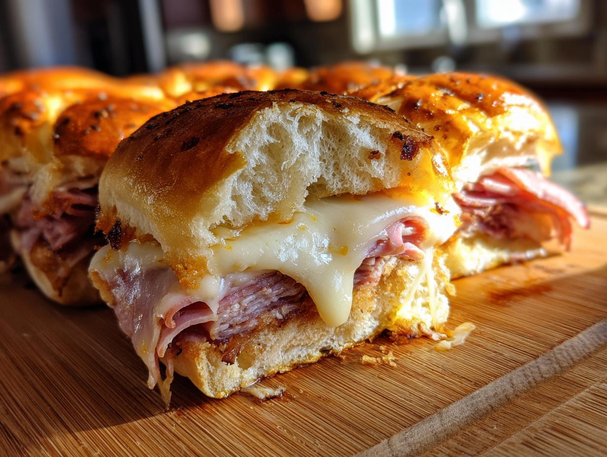 A close-up of a delicious ham and cheese slider with melted cheese oozing out.