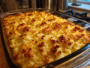 A close-up, angled view of a freshly baked hashbrown casserole in a glass baking dish, with golden-brown crispy edges.