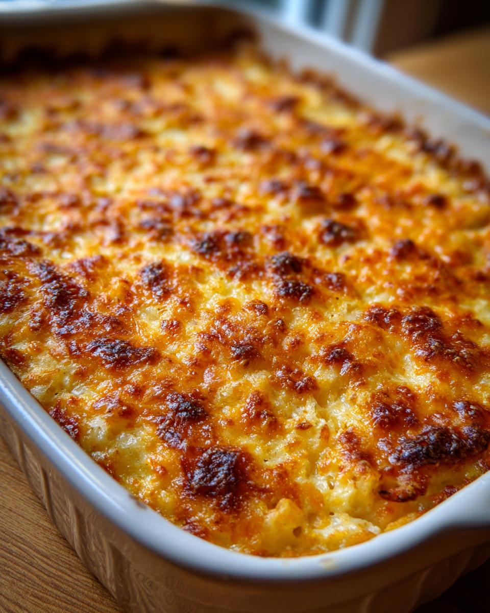 Close-up of a golden brown, bubbly hashbrown casserole baked to perfection in a white dish.