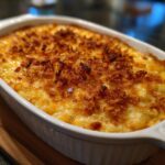 A close-up, overhead view of a golden-brown hashbrown casserole baked to perfection in a white ceramic dish.