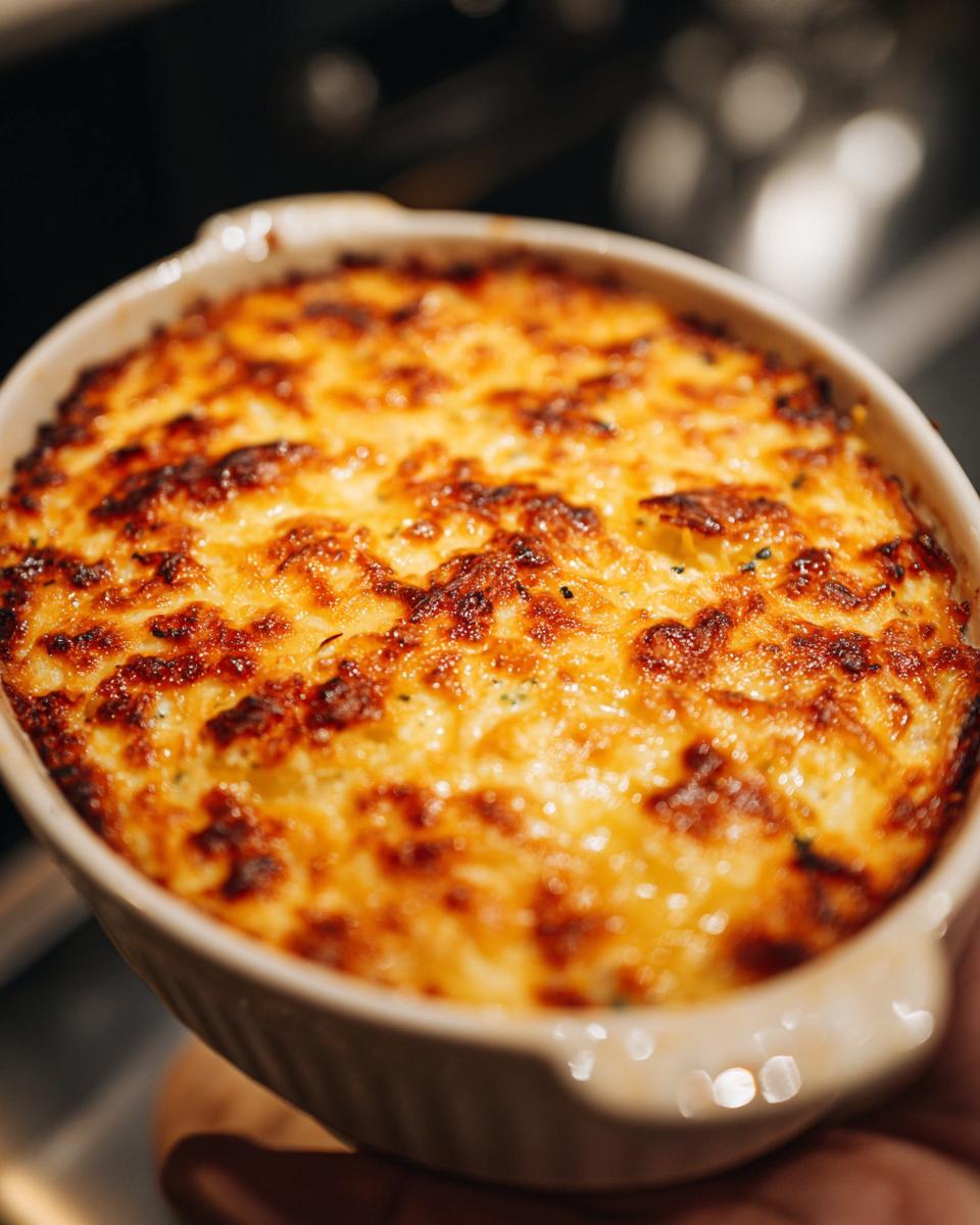 Close-up of a golden brown, bubbly hashbrown casserole in a baking dish.