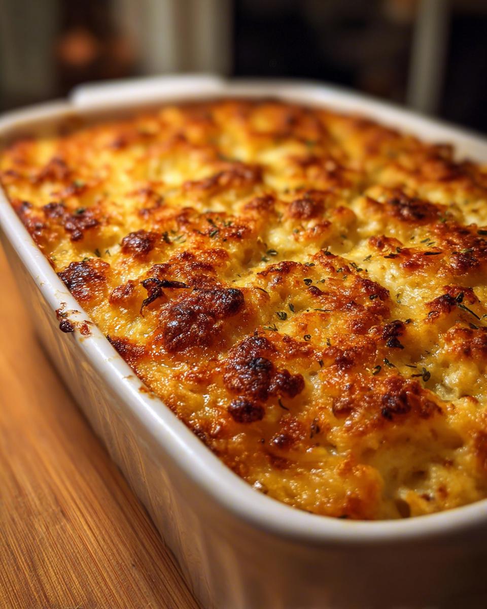 Close-up of a golden brown baked hashbrown casserole in a white dish, sprinkled with herbs.