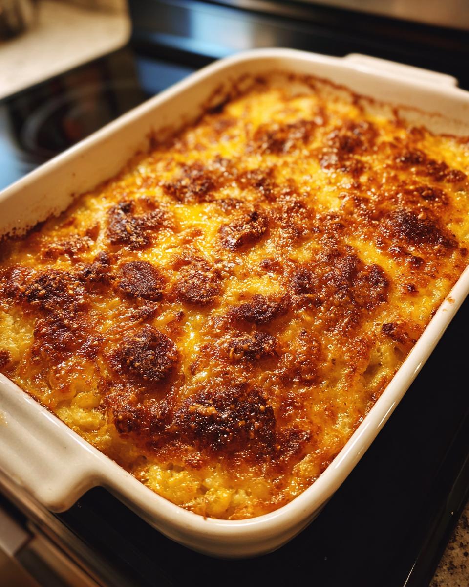 A close-up of a golden brown, bubbly hashbrown casserole fresh from the oven.