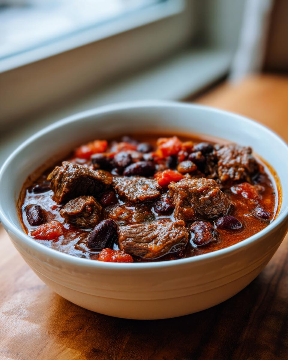 A close-up of a bowl filled with hearty beef chili, featuring tender chunks of beef, dark kidney beans, and diced tomatoes in a rich sauce.