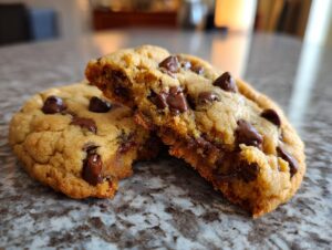 Close-up of two delicious high protein cookie dough chocolate chip cookies, one broken in half to show gooey chocolate chips.