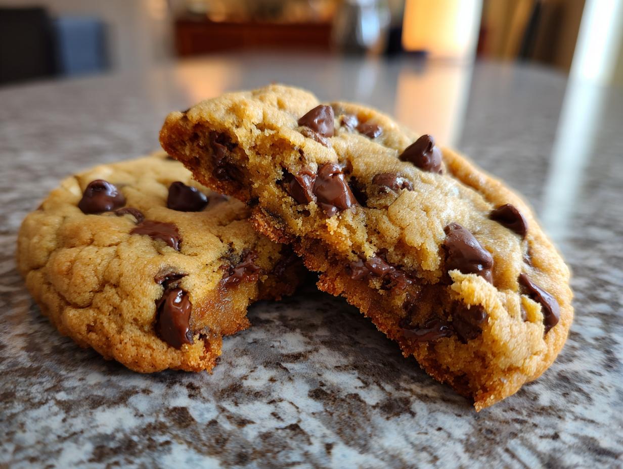 Close-up of two delicious high protein cookie dough chocolate chip cookies, one broken in half to show gooey chocolate chips.