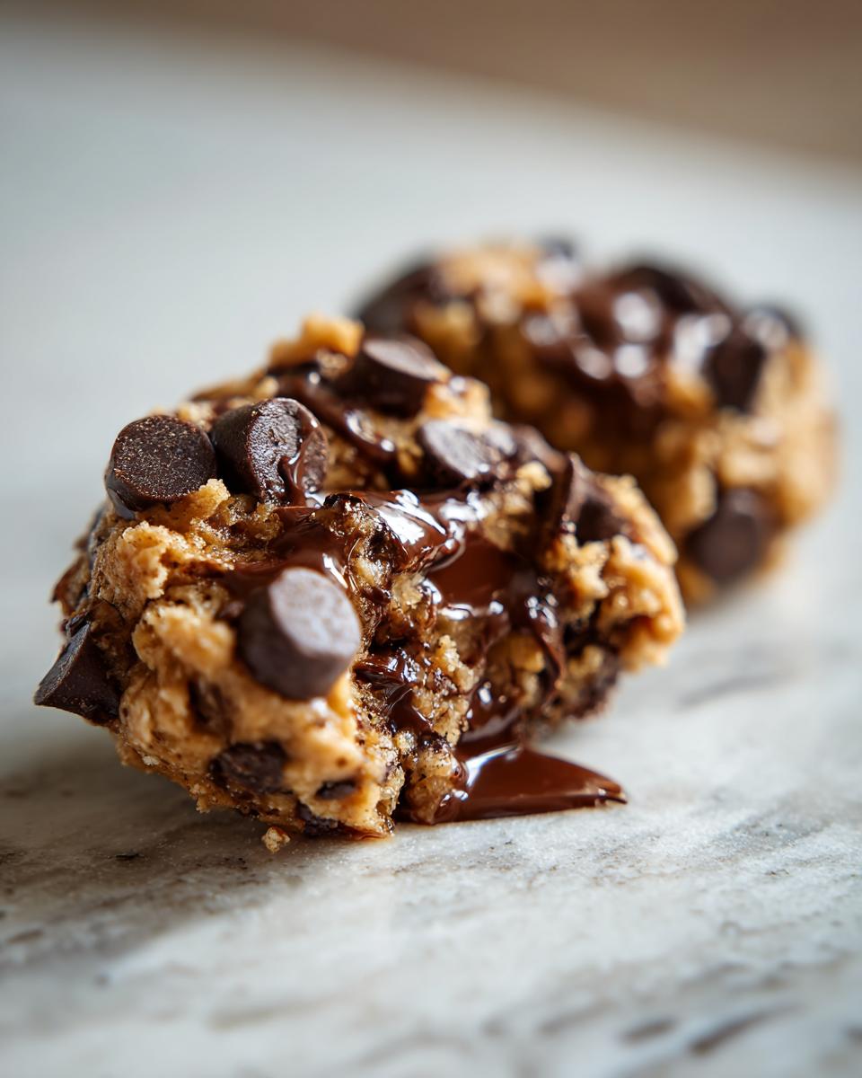 Close-up of a delicious high protein cookie dough bite with melted chocolate chips.