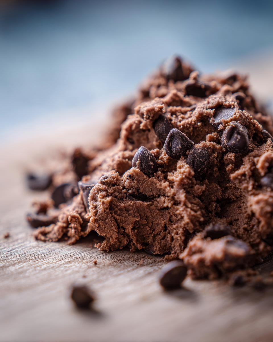 A close-up shot of rich chocolate high protein cookie dough studded with dark chocolate chips on a wooden surface.