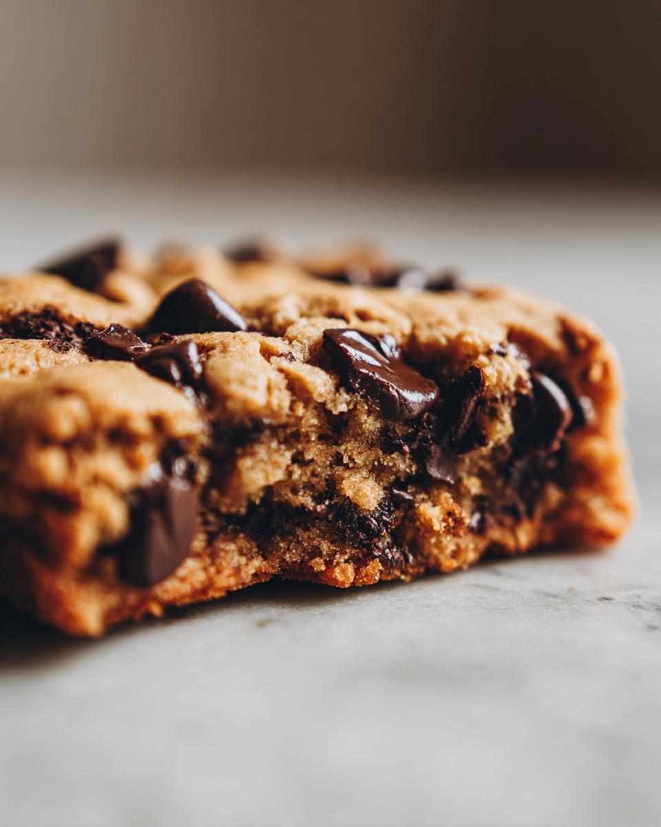 Close-up of a delicious high protein cookie dough bite, showing rich chocolate chips and a chewy texture.