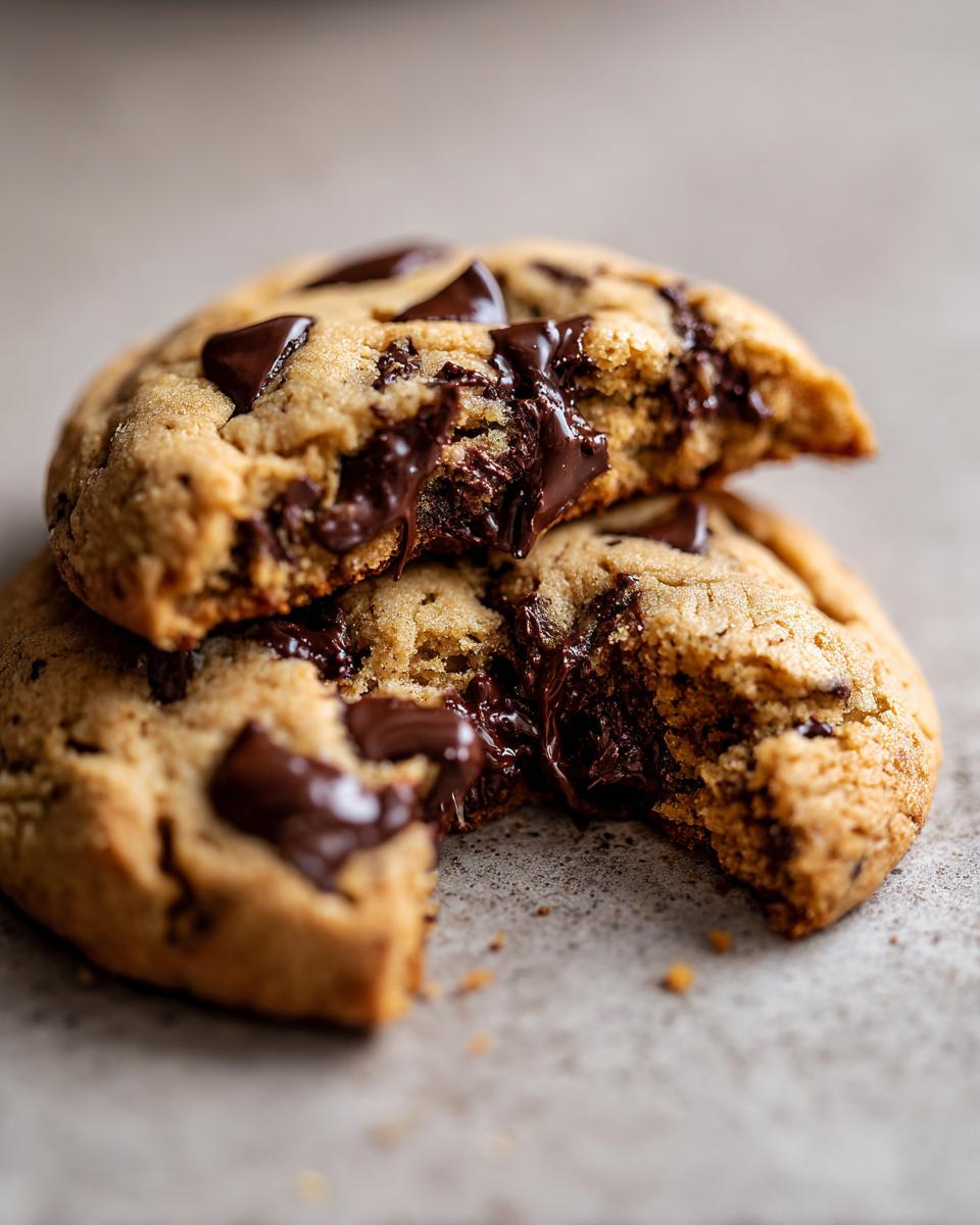 Close-up of two high protein cookie dough halves revealing gooey melted chocolate chips.
