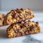 Close-up of two halves of a high protein cookie dough cookie, revealing gooey chocolate chips inside.