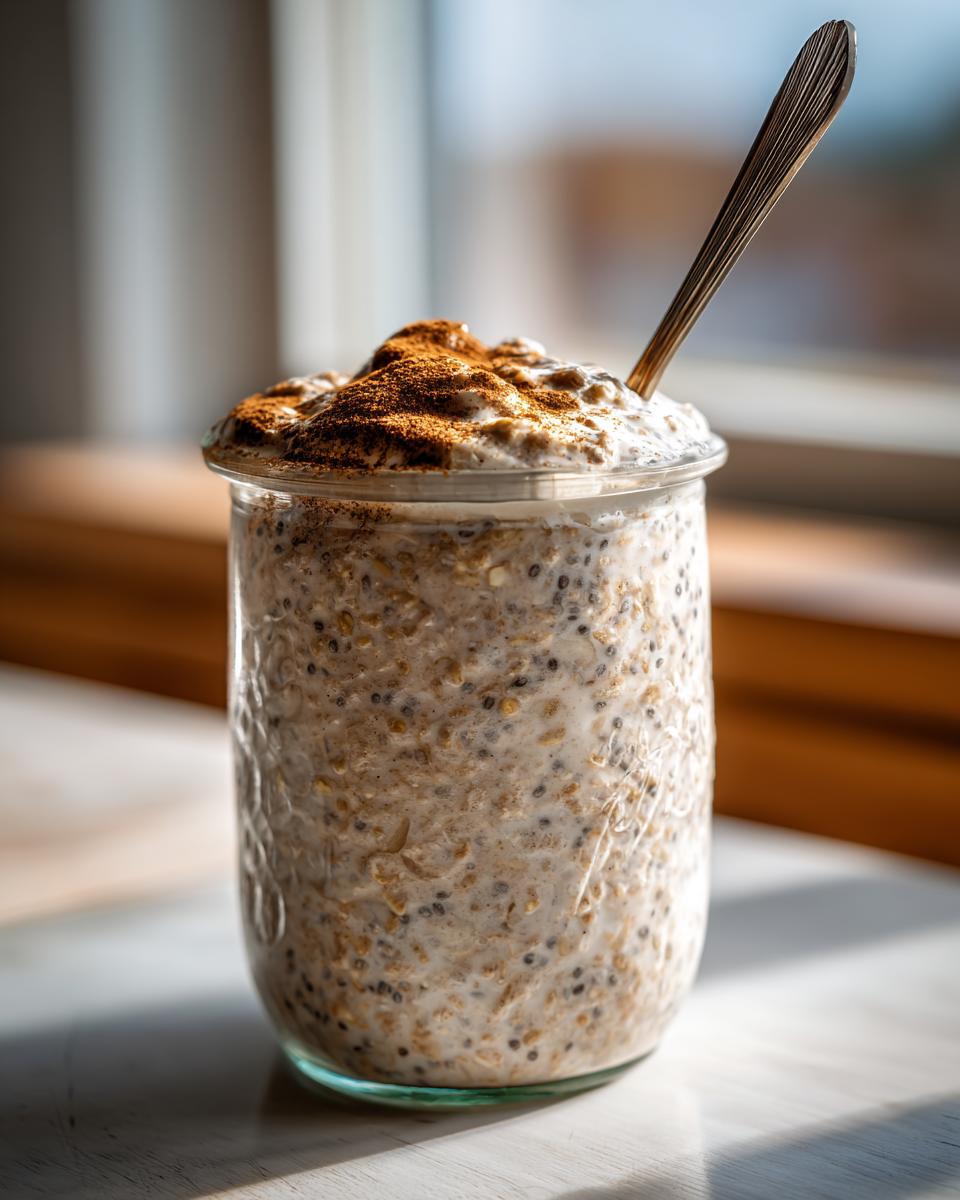 A glass jar filled with creamy high protein overnight oats, topped with cinnamon and a spoon.