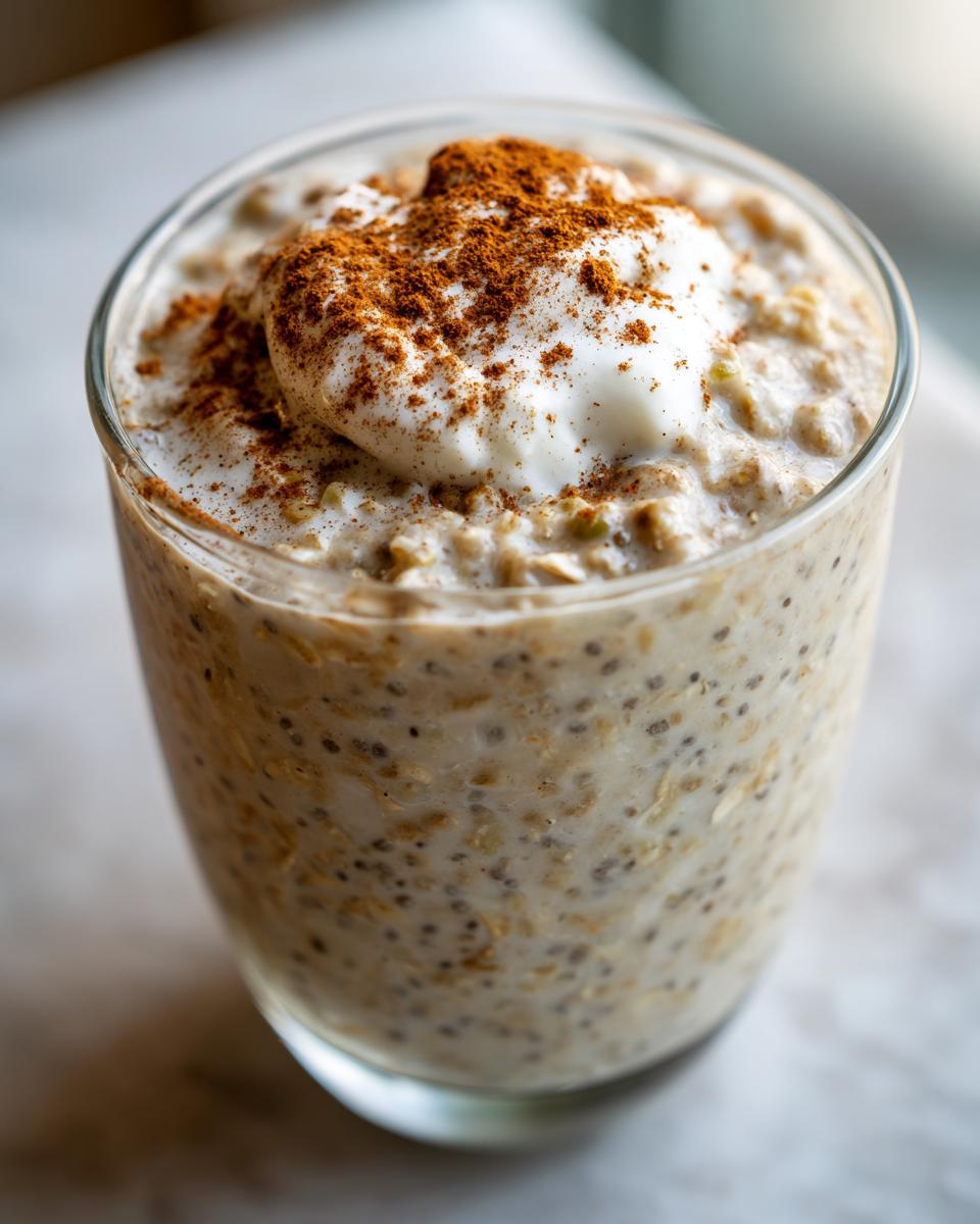 A close-up of high protein overnight oats in a glass, topped with yogurt and cinnamon.