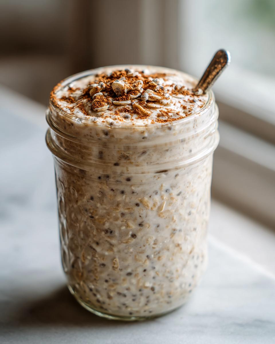 Close-up of high protein overnight oats in a glass jar, topped with oats, seeds, and cinnamon.