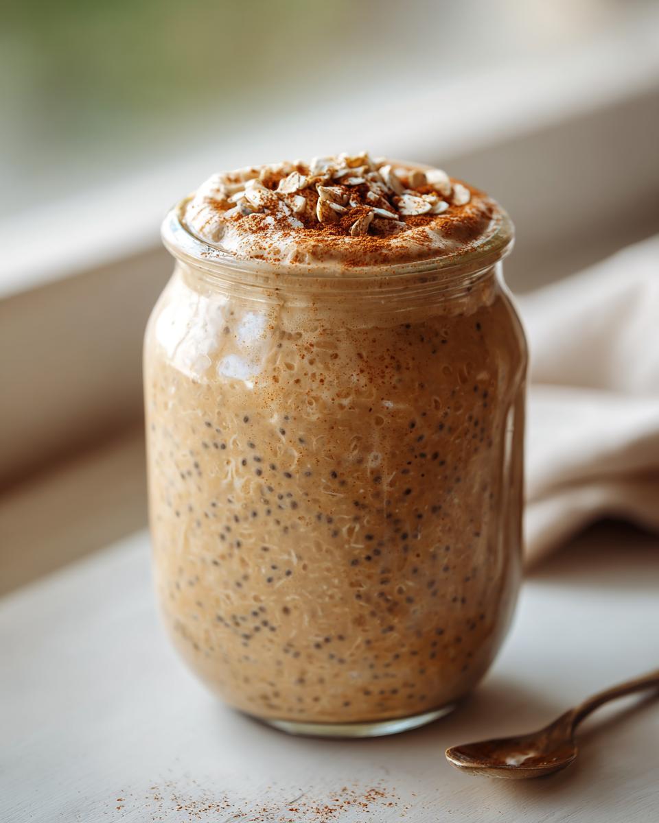 A close-up of high protein overnight oats in a glass jar, topped with oats and cinnamon.