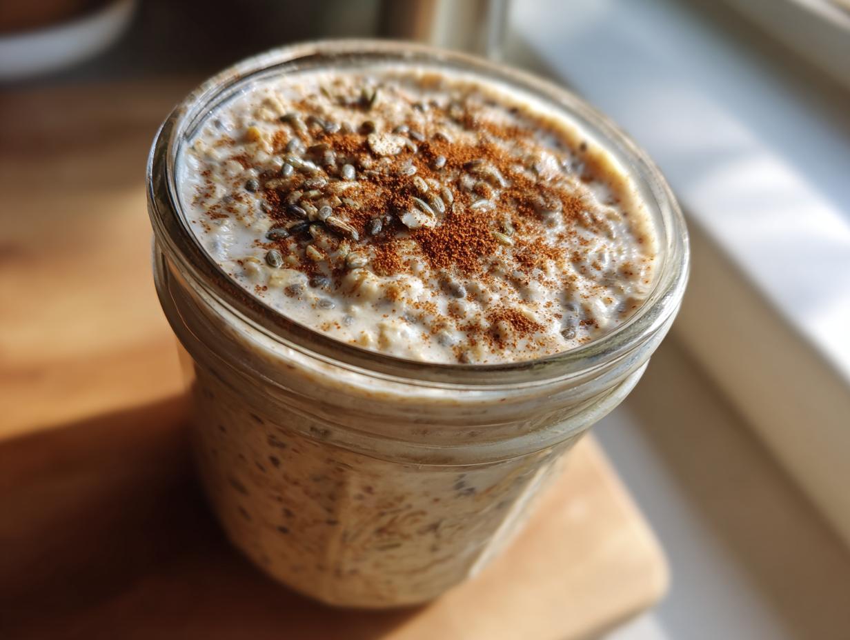 Close-up of high protein overnight oats in a glass jar, topped with cinnamon and chia seeds.