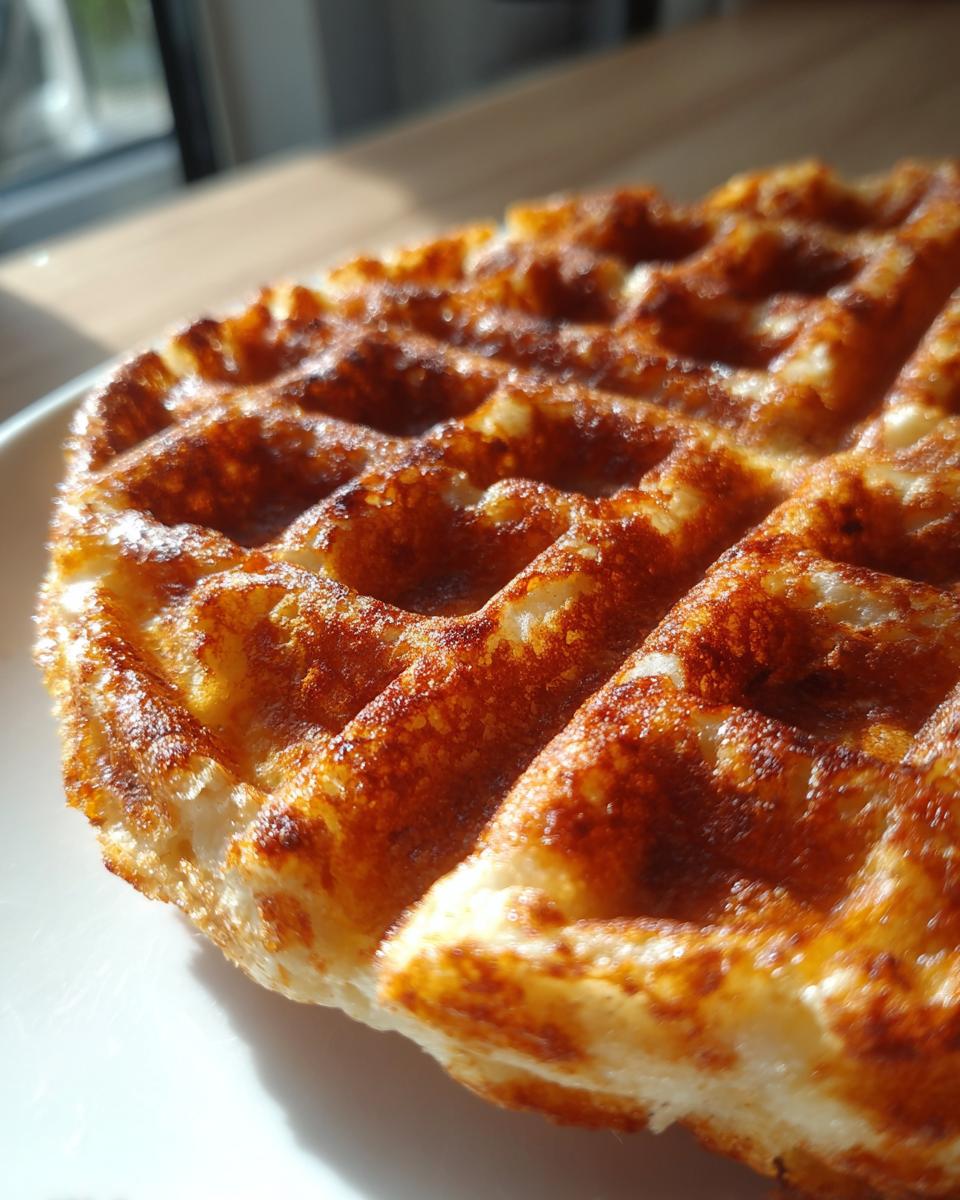 Close-up of a golden-brown high protein waffle with a crisp texture and deep grid pattern.