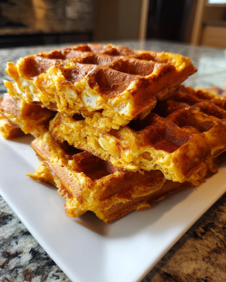 A close-up stack of golden-brown high protein waffles on a white plate, showcasing their texture.