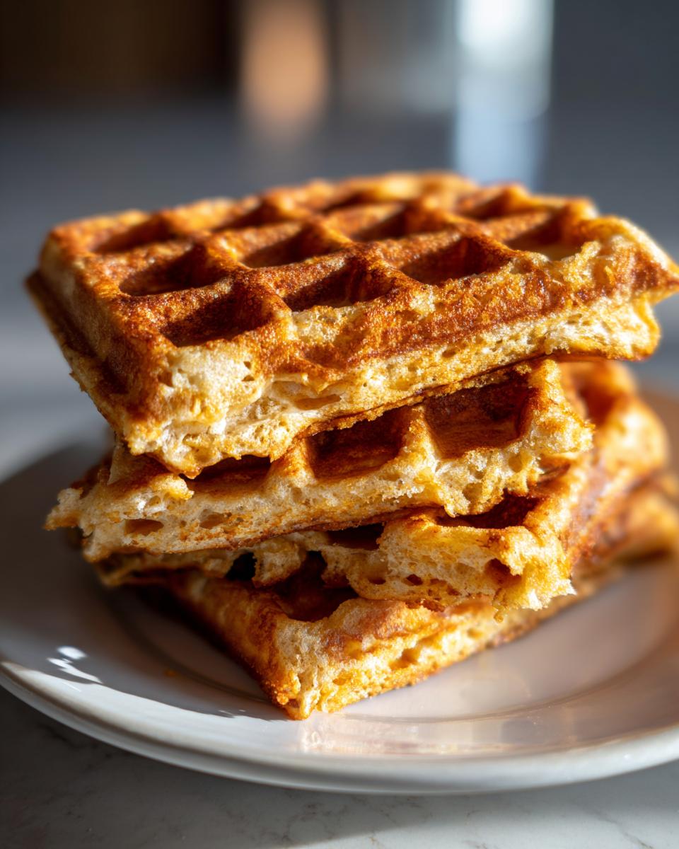 A stack of three golden-brown high protein waffles on a white plate, with sunlight casting shadows.