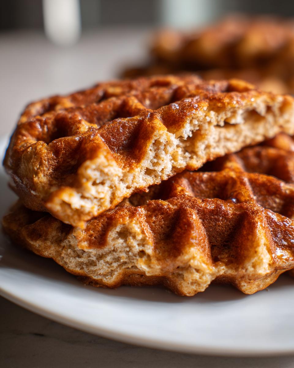 A close-up of a stack of golden-brown high protein waffles, one broken in half to show its fluffy interior.