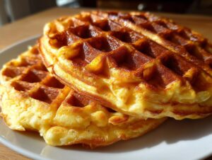 Close-up of a stack of two golden-brown high protein waffles on a white plate, with sunlight casting a shadow.