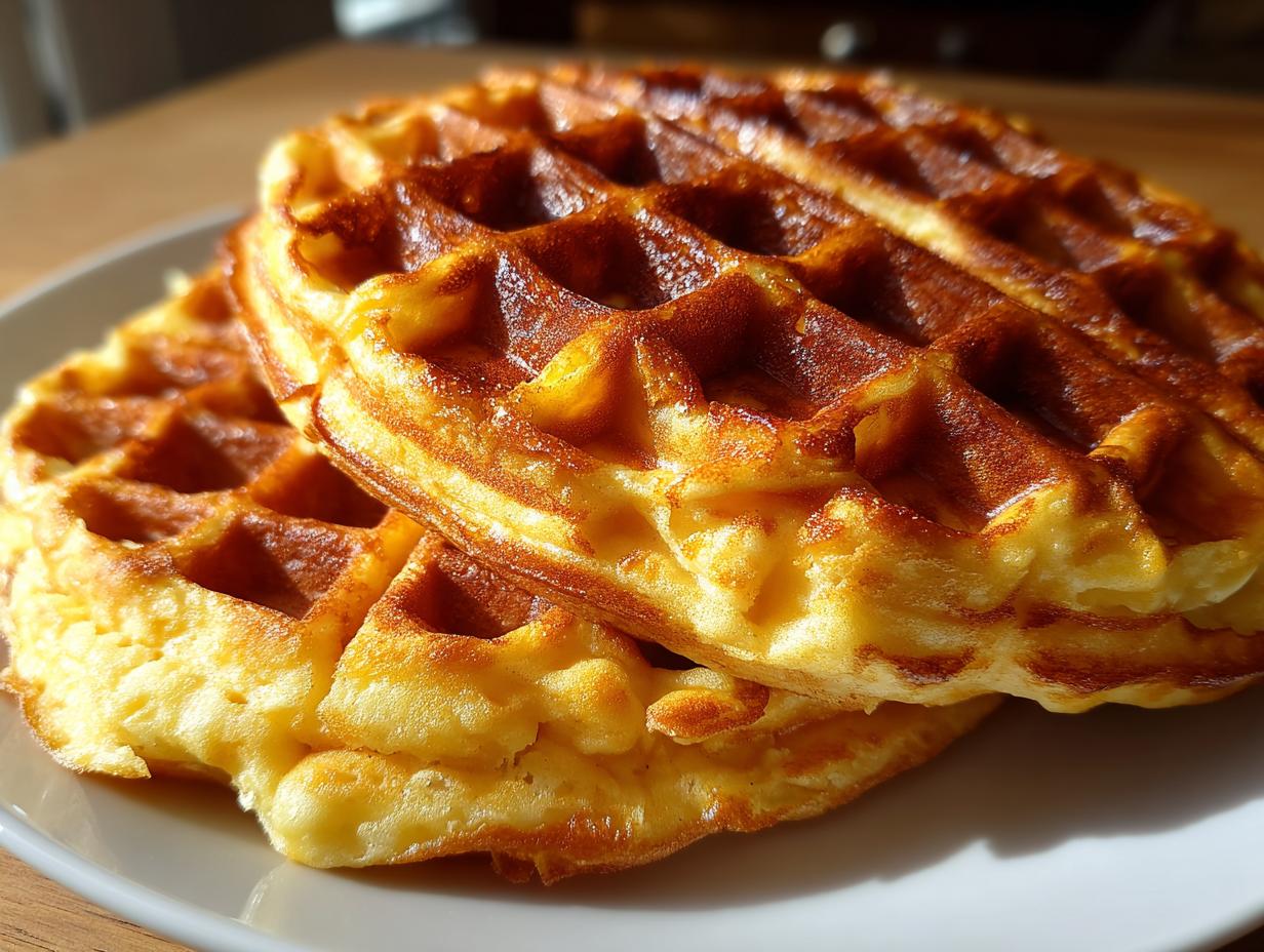 Close-up of a stack of two golden-brown high protein waffles on a white plate, with sunlight casting a shadow.