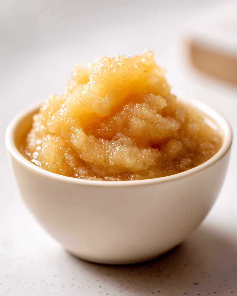 A close-up of a bowl filled with chunky, golden homemade applesauce, ready to be served.