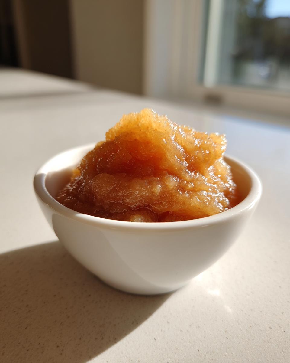 A close-up of a small white bowl filled with textured, cinnamon-spiced homemade applesauce.