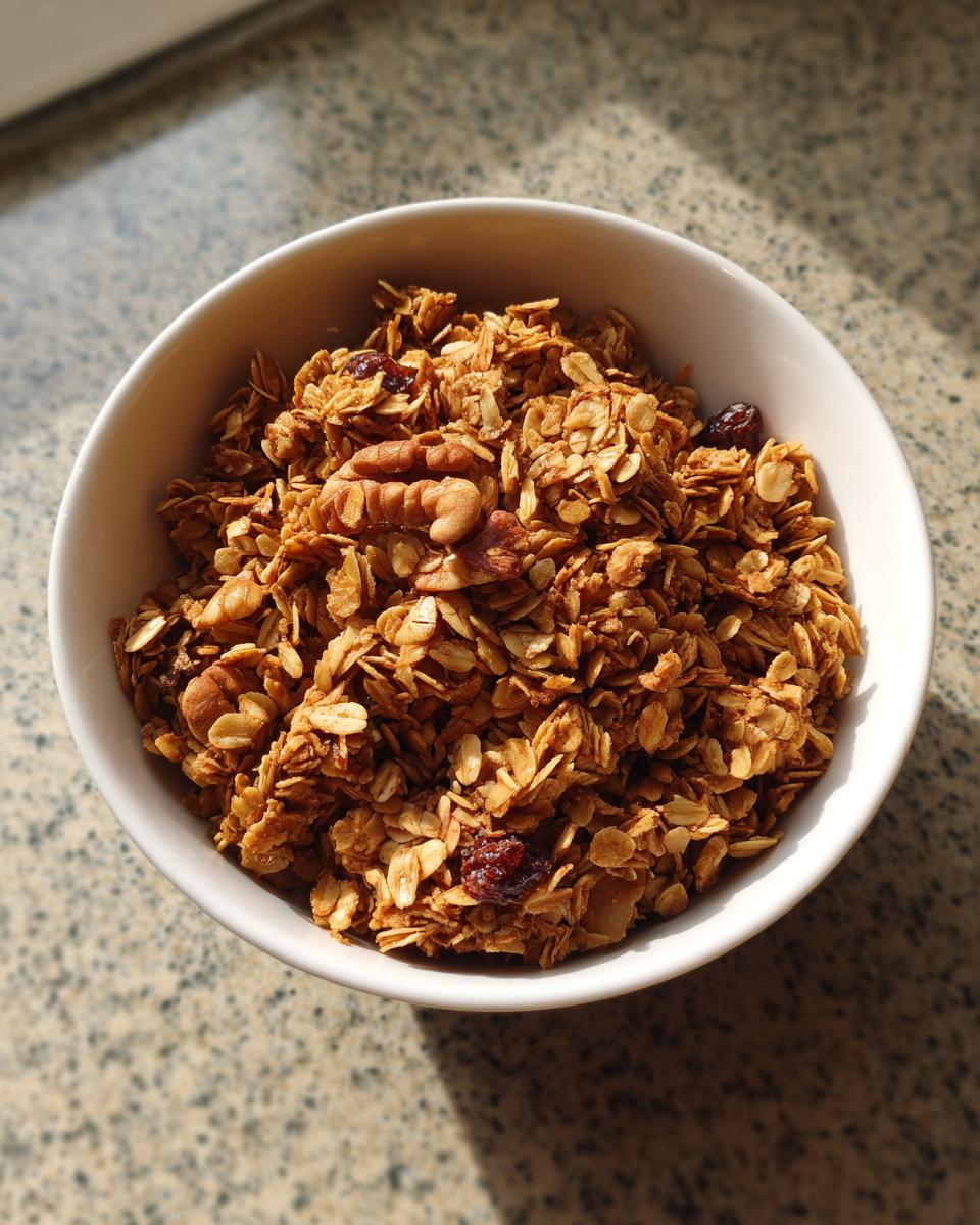 A white bowl filled with golden brown homemade granola featuring oats, nuts, and dried fruit.