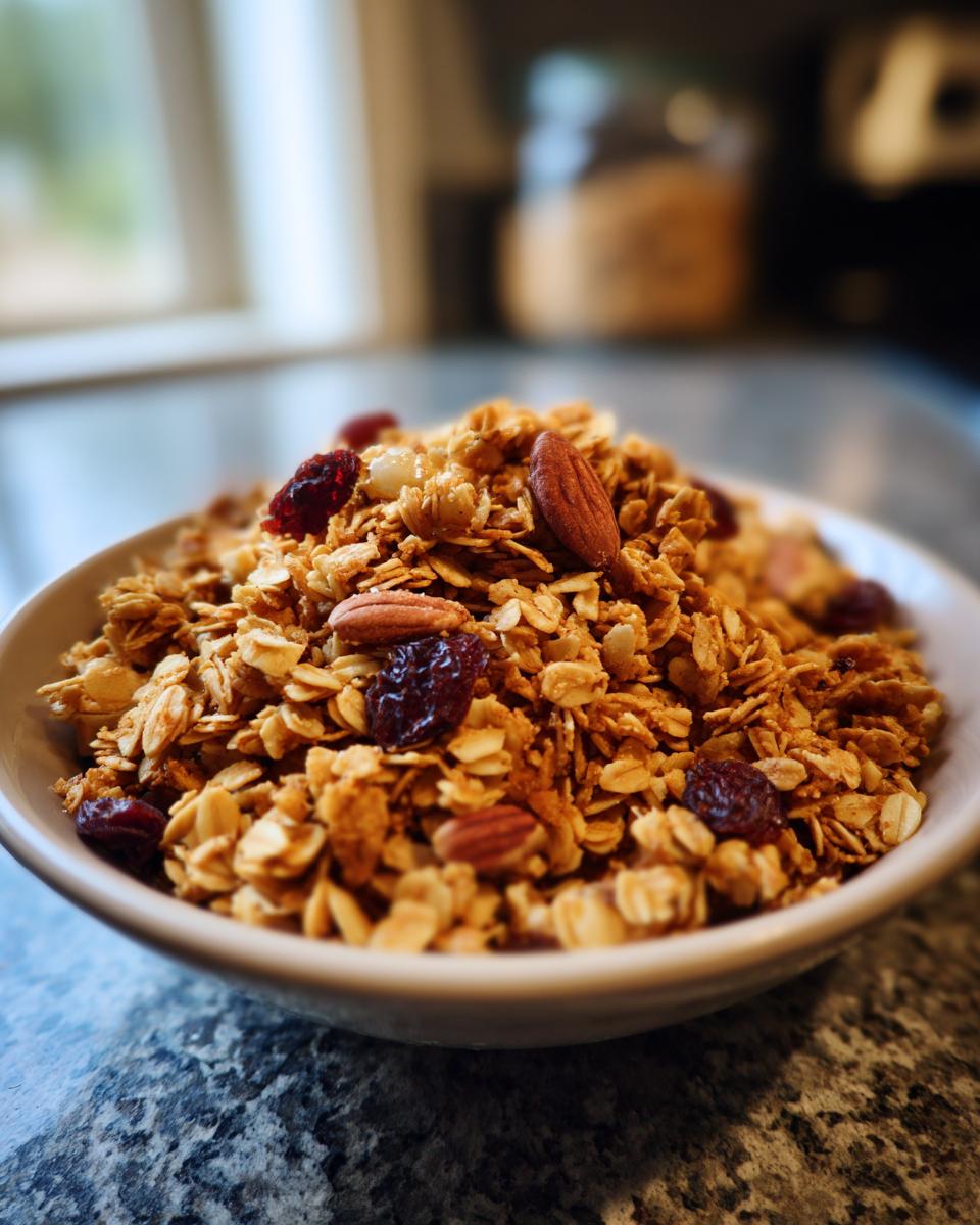 A bowl of delicious homemade granola packed with oats, almonds, pecans, and dried cranberries.